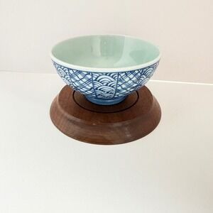 Arita Japan Seishu Porcelain Rice Bowl Blue White Seigaiha Celadon Small